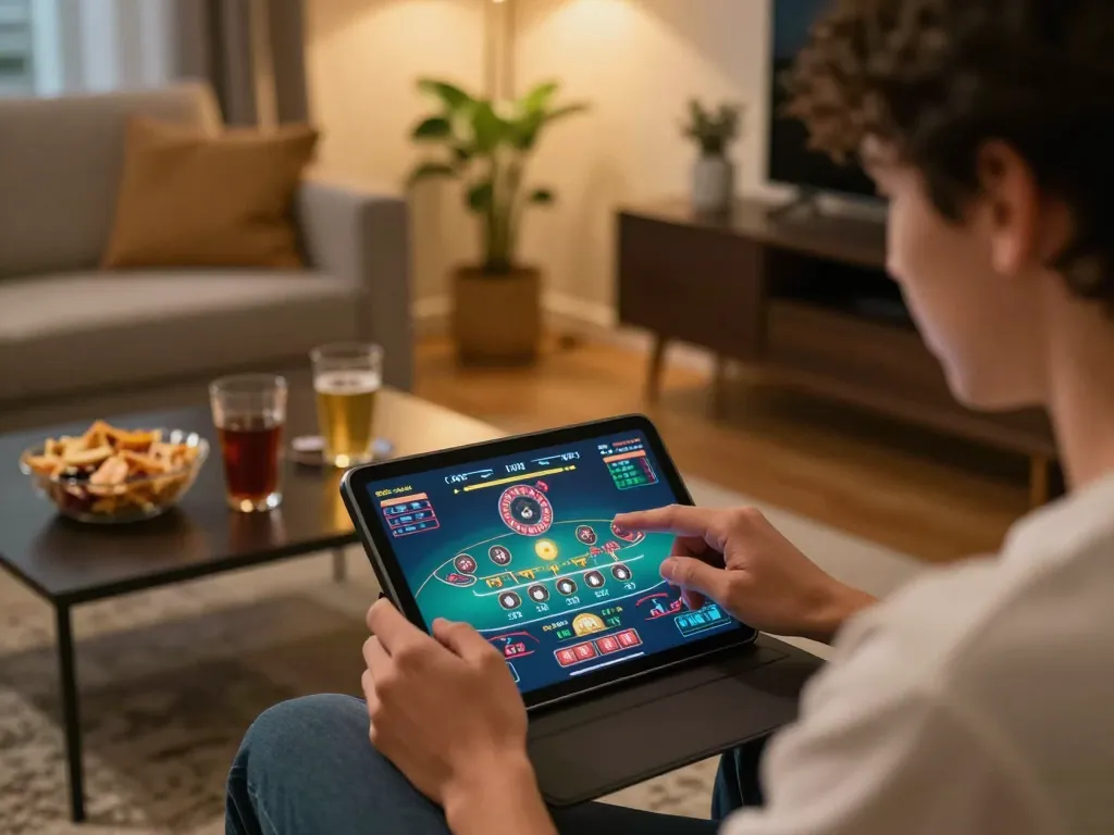 SX88 player engaging in online casino gaming at home, capturing excitement and strategy in a dynamic setting