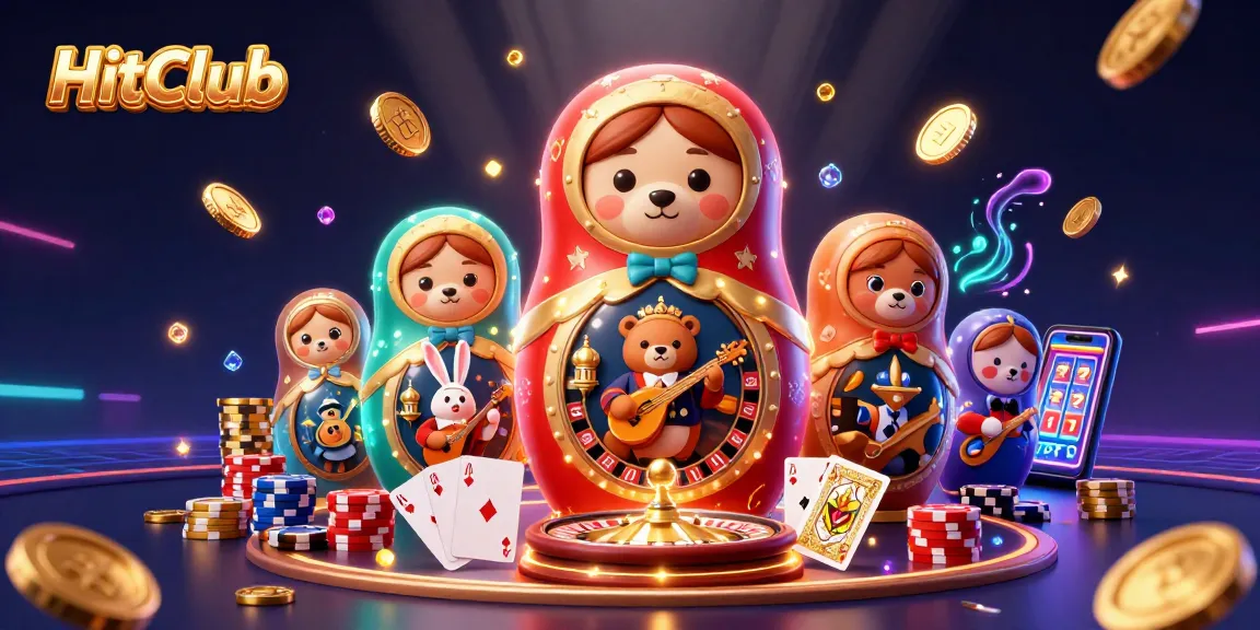 HitClub showcases an exciting casino scene with vibrant elements and characters celebrating gaming wins.