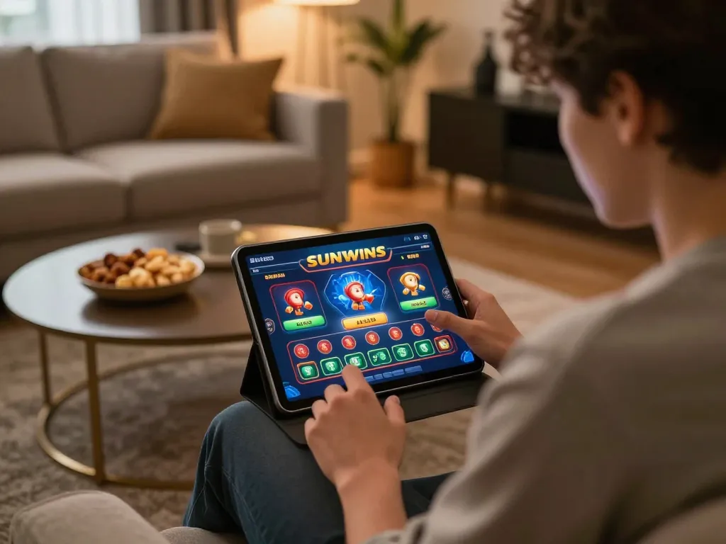 Engaging in strategic gameplay with Sunwin on a tablet in a cozy home gaming setup.