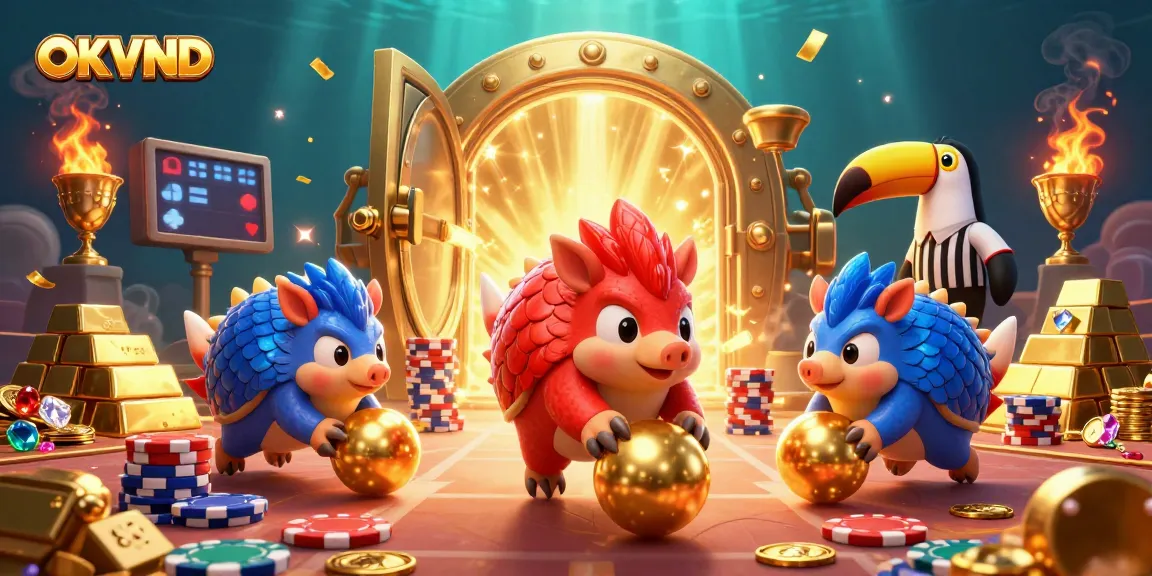 OKVND pangolins bowling through poker chips in a vibrant, dynamic casino scene.