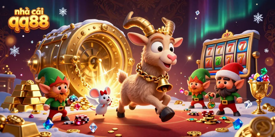 Experience nhà cái qq88 with a festive horror casino illustration featuring Krampus and elves in action.