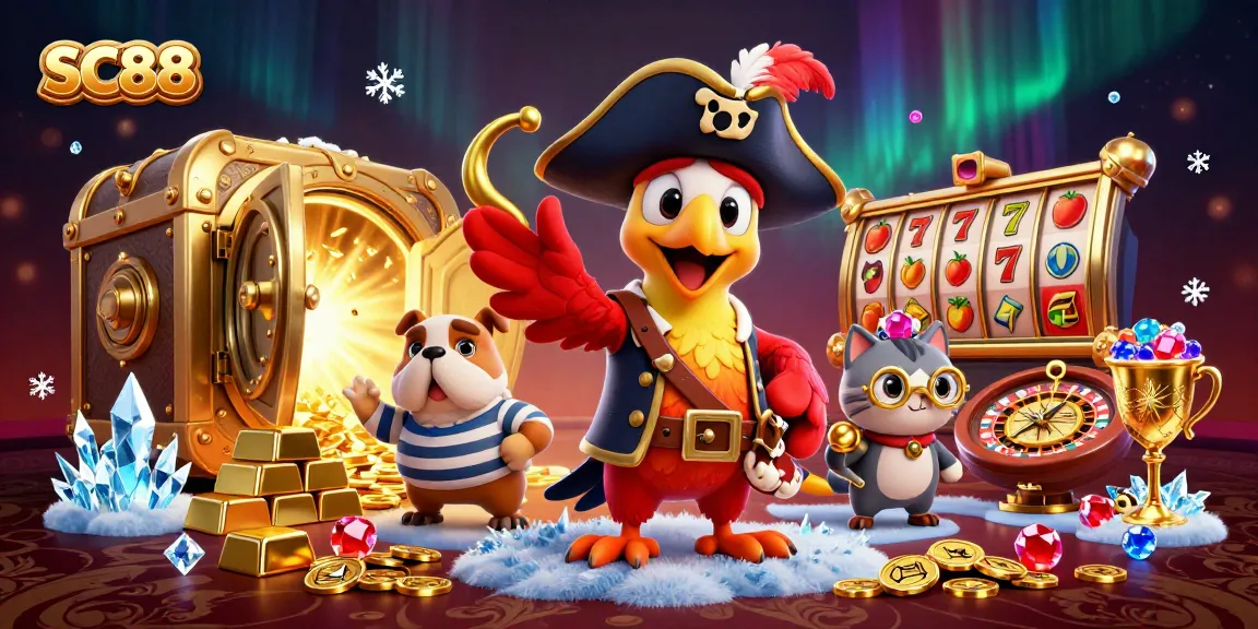 SC88 pirate-themed casino illustration featuring engaging characters, vibrant jewels, and thrilling slots action.