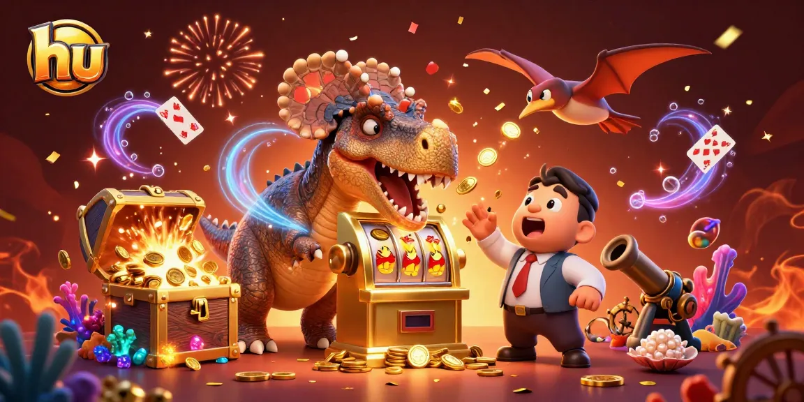 Experience the fun at hu with a pachycephalosaurus hitting a slot machine, surrounded by colorful casino action.