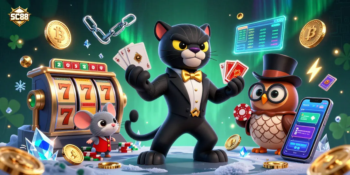 Engage with SC88 as a stylish panther deals cards amidst a vibrant casino scene filled with jackpots and crypto elements.