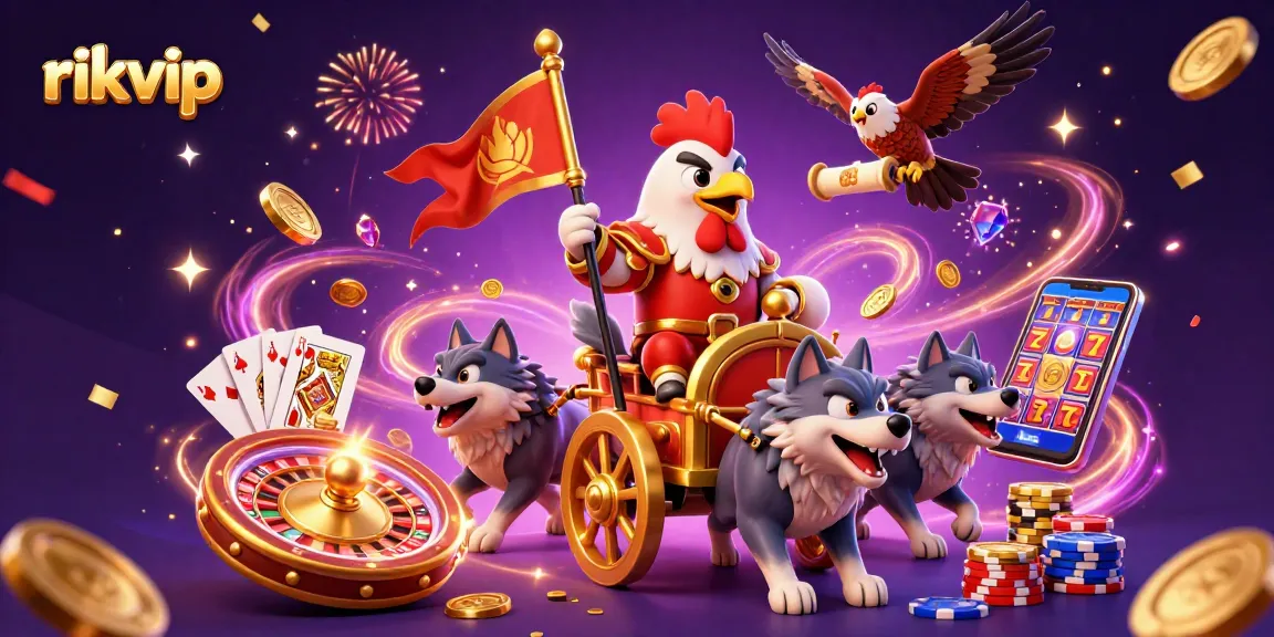 Experience fantastic wins with rikvip at this vibrant 3D casino scene featuring dynamic game elements.