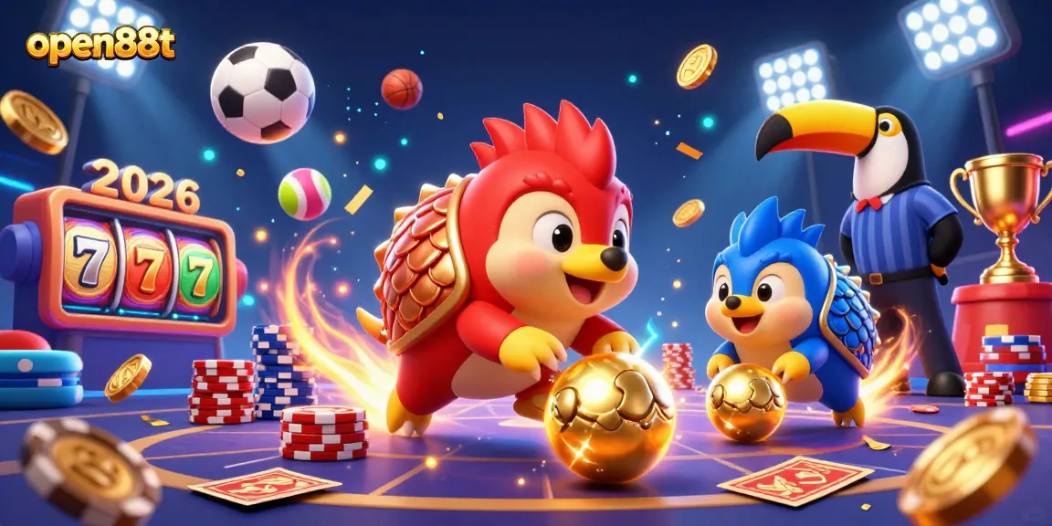 Play exciting betting games with open88t as cartoon pangolins roll into golden jackpots, flying poker chips, and vibrant sports elements.