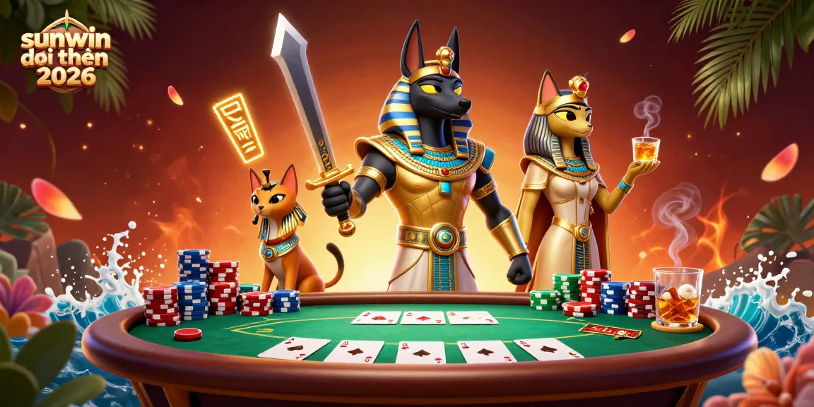 Experience exhilarating gameplay at sunwin đổi thưởng 2026 with an Egyptian-themed poker battle scene featuring Anubis.