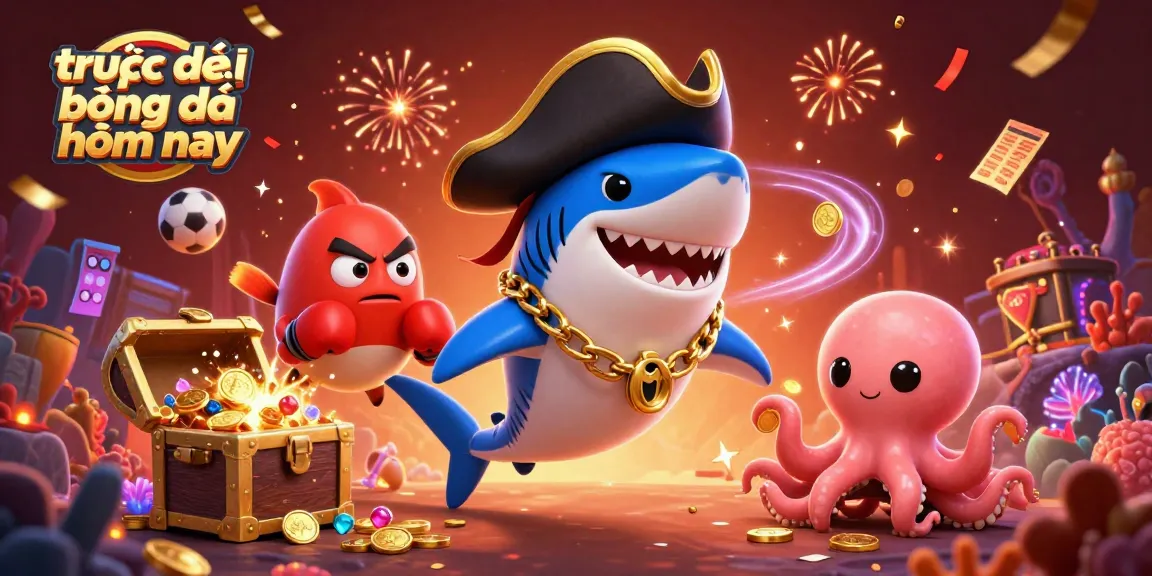 Engage with trực tiếp bóng đá hôm nay through a vibrant 3D underwater scene featuring a pirate shark, boxing pufferfish, and octopus with coins.