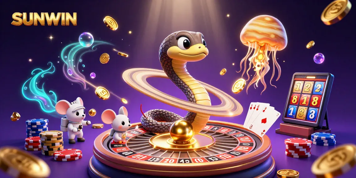 SUNWIN showcases an exciting cosmic casino scene with a snake roulette wheel and betting astronaut mice.