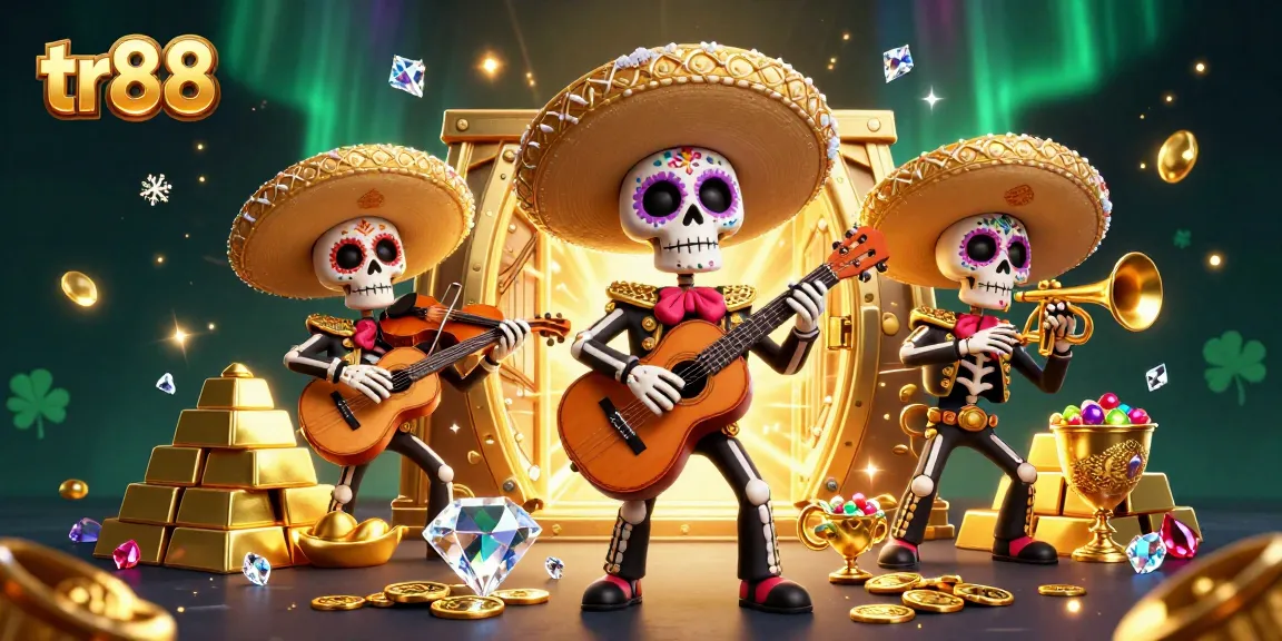tr88 players celebrate wins among a lively mariachi band and treasure in this casino scene