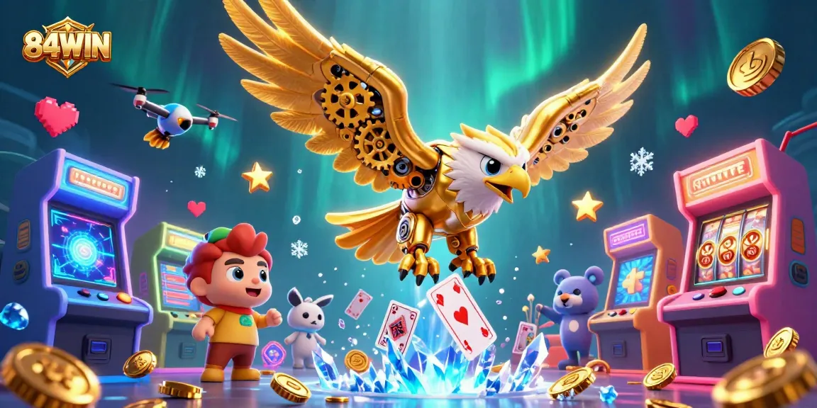 Experience the dynamic thrill of gambling with 84WIN's vibrant 3D illustration featuring a cybernetic eagle amidst casino elements.
