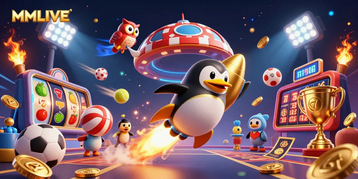 MMLIVE streamers enjoy golden coins and slot reels in this vibrant casino scene.