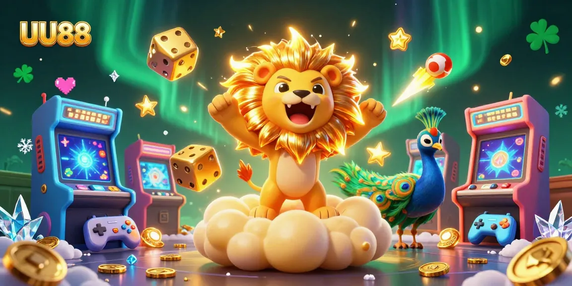 Experience vibrant fun at UU88 with a dynamic 3D casino illustration showcasing games and excitement.