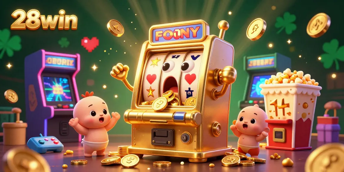 Immerse in 28win's thrilling slot machine action as gold coins cascade from a laughing machine amidst a vibrant casino scene.