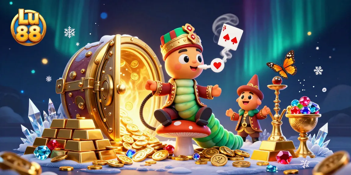 Engage with Lu 88's thrilling world featuring a vibrant caterpillar hookah-master and casino treasures.