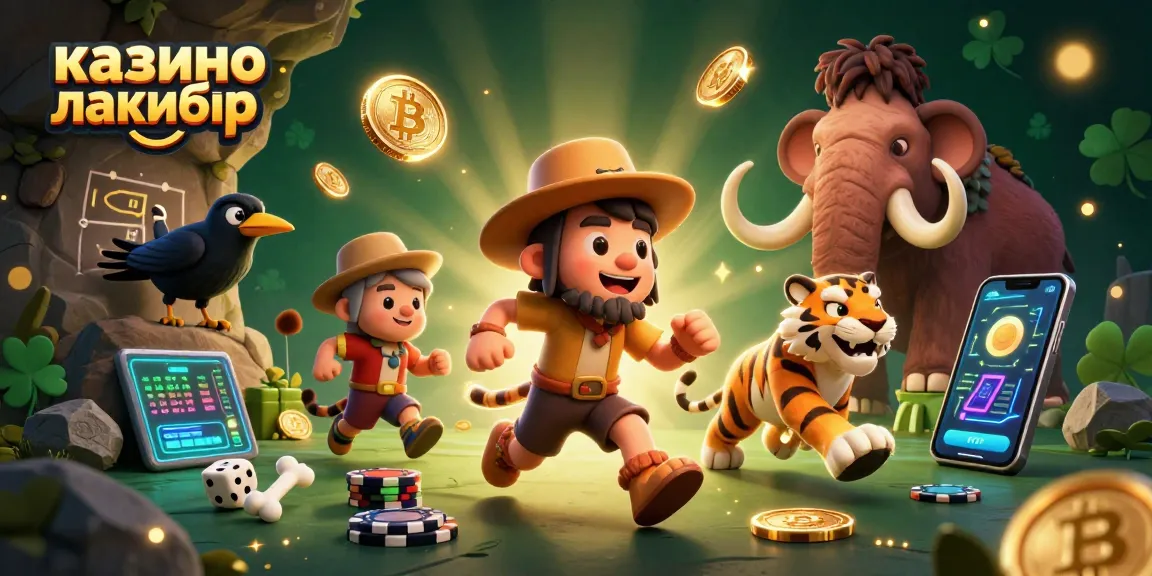 Engage with казино лакибир through a thrilling prehistoric casino scene featuring a caveman and sabertooth tiger.