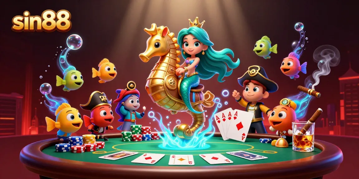 Experience the thrill of sin88 with a vibrant 3D illustration of a mermaid princess and a giant seahorse immersed in a casino world.