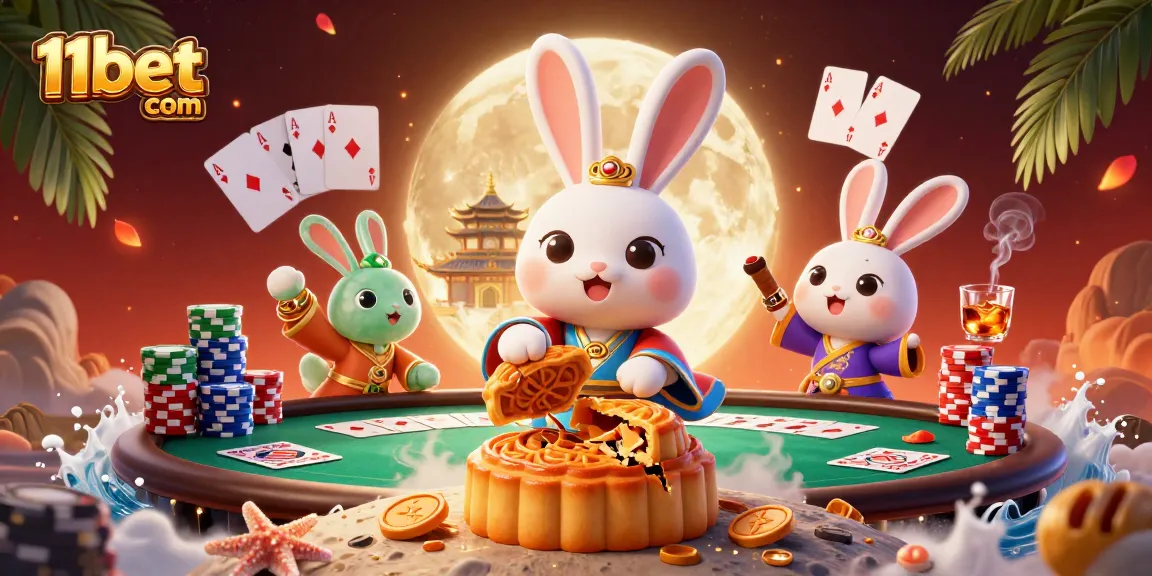 Vibrant scene showcasing 11bet com with a moon rabbit and poker elements, rich in detail.