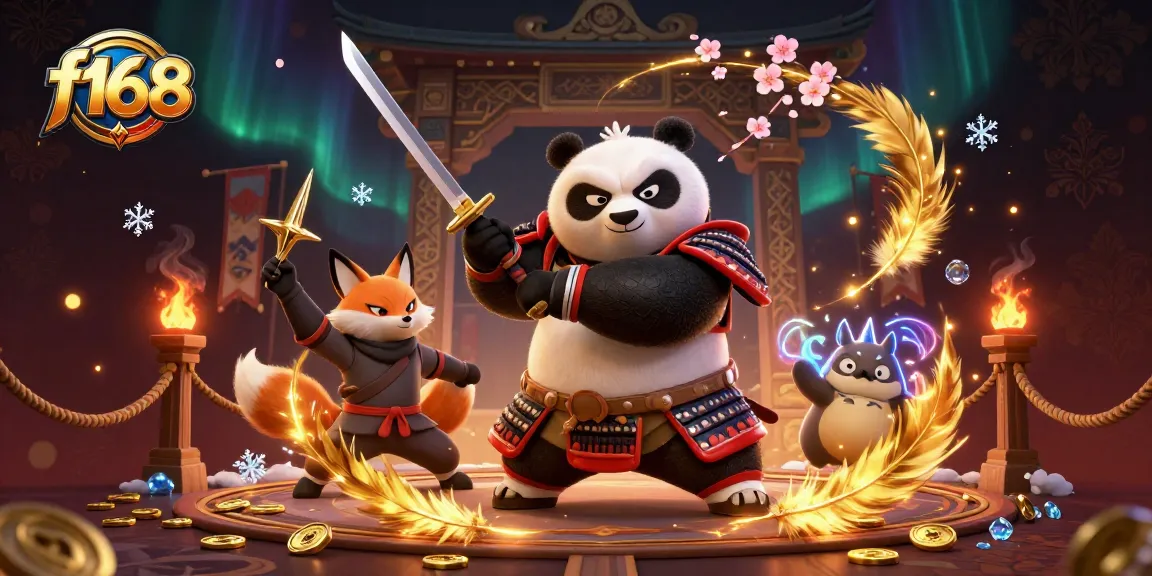Experience exciting wins at f168 while a samurai panda and ninja fox showcase their skills!