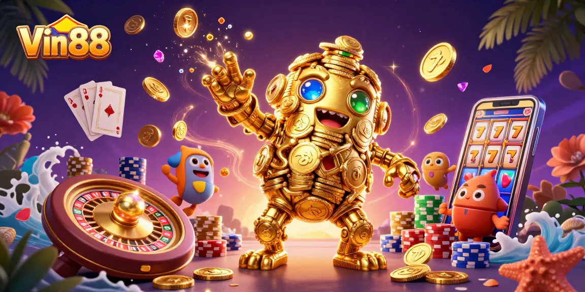 Experience thrilling gameplay with Vin 88's vibrant casino scene featuring a golden golem
