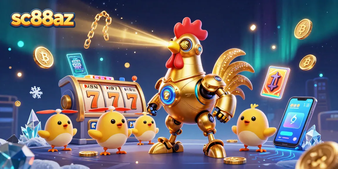 Engage with thrilling gaming at sc88az, featuring a vibrant golden rooster robot and baby chick drones amid classic slots.